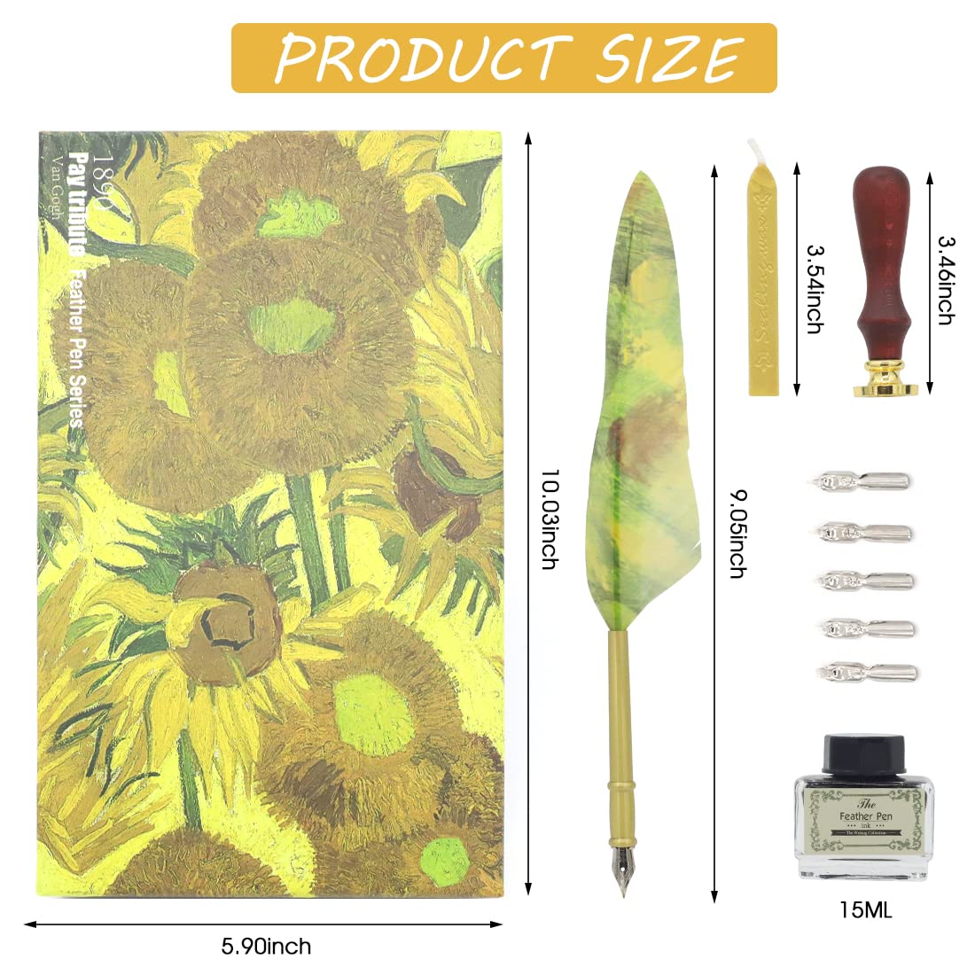 HASTHIP Quill Pen Ink Wax Seal Stamp Gift Set, Feather Pen Ink Set Includes Feather Dip Pen,15ml Ink, 5 Replacement Nibs, 1 Paint Seal, 1 Paint Wax Valentine Gift (Sunflower) HASTHIP Quill Pen Ink Wax Seal Stamp Gift Set, Feather Pen Ink Set Includes Feather Dip Pen,15ml Ink, 5 Replacement Nibs, 1 Paint Seal, 1 Paint Wax Valentine Gift (Sunflower)